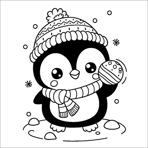 A cute penguin stands in a snowy scene, wearing a cozy winter hat and a striped scarf. It holds a snowball in one wing, ready to throw it playfully. Snowflakes gently fall around the penguin, adding to the wintry atmosphere. The ground is dotted with small rocks, enhancing the festive, chilly setting.