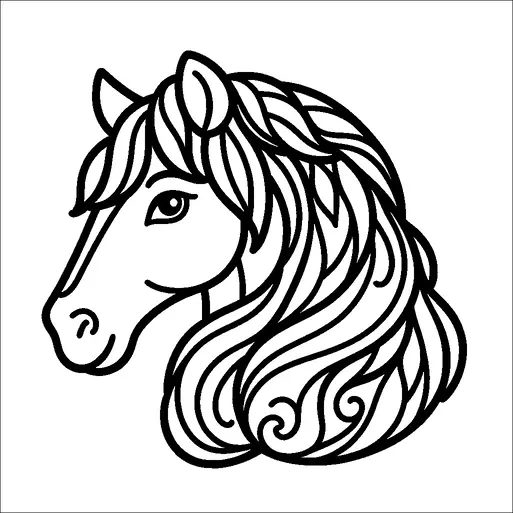 A horse head is illustrated with flowing, detailed mane patterns. The horse has expressive eyes and pointed ears. Its mane consists of layered, curved lines, creating a sense of movement and texture. The overall design is symmetrical and stylized, focusing on the prominent features of the horse.