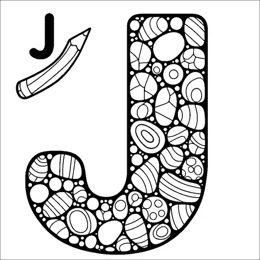 A large letter "J" is illustrated, filled with various patterns and shapes resembling stones or pebbles. Above it, a smaller letter "J" is shown alongside an image of a pencil. The designs inside the large "J" are diverse, including circles and ovals with lines and geometric patterns. The arrangement offers a visually interesting mix of textures and forms.