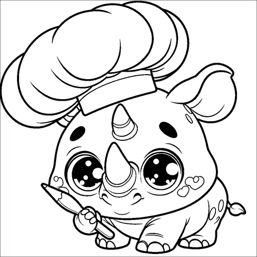 A cute baby rhinoceros is wearing a large chef's hat and smiles sweetly. It holds a paintbrush in its small hands, showcasing an artistic theme. The rhino has large, expressive eyes and heart-shaped markings on its cheeks, adding to its adorable appearance. Its overall demeanor is playful and charming.