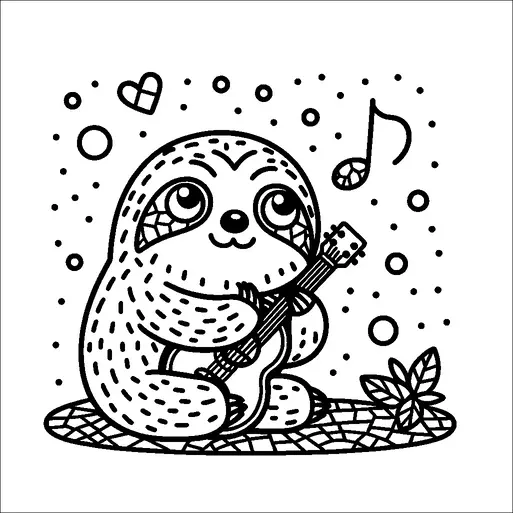 A cute sloth is sitting and holding a guitar, conveying a sense of joy and music. Around the sloth, there are musical notes and a heart, suggesting a cheerful, musical atmosphere. The sloth has a content expression with large eyes, surrounded by small circles and a leafy pattern at its side. The scene embodies a relaxed and whimsical musical moment.