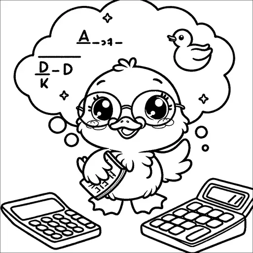 A cute duckling wearing glasses is holding a book and standing between two calculators. It seems to be thinking about a rubber duck and some mathematical equations, depicted in a thought bubble above its head. The duckling appears to be in a playful yet studious mood, indicated by its expression and the surrounding objects. The scene blends elements of learning and imagination.