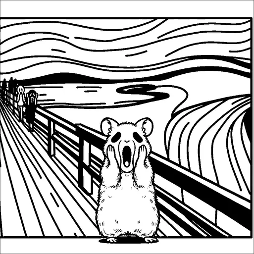 A hamster stands on a bridge with an expression of shock or surprise, echoing the iconic pose from "The Scream" by Edvard Munch. The background features a wavy landscape and two smaller figures in the distance also displaying a similar pose. The hamster is the main focus, capturing the dramatic emotion of the scene. This composition blends an animal theme with a famous art reference.