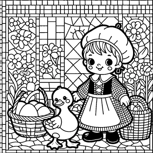 A cheerful child wearing a traditional outfit stands beside a duckling in a garden scene. The child is holding a basket filled with eggs, surrounded by blooming flowers. A geometric patterned background adds a decorative touch. The duckling looks up at the child, adding a playful element to the setting.