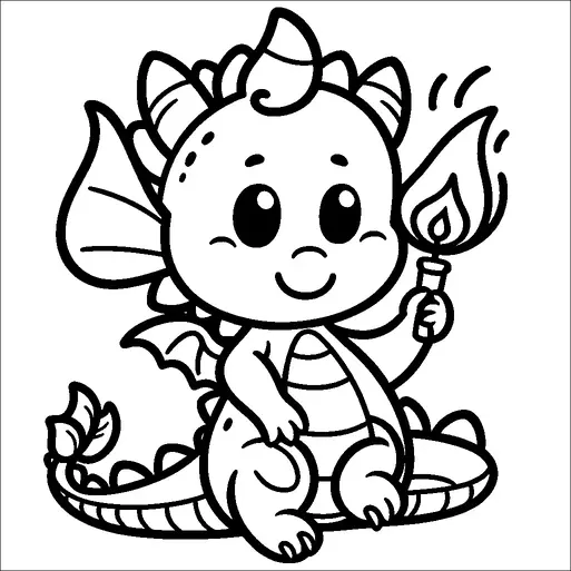 A cute, cartoon-style dragon is sitting with a cheerful expression, holding a torch in one hand. The dragon has small wings, a spiky tail, and big eyes, giving it an endearing appearance. Its body and head are adorned with small spines and a single horn on top. The torch emits a small flame with simple lines indicating light or heat.