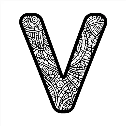 A stylized letter "V" is depicted with intricate, abstract patterns inside. The patterns consist of swirls, circles, and lines, creating a complex design within the confines of the letter. The contrast between bold outlines and detailed interior gives it a striking appearance. The background is plain, highlighting the decorative artistry of the letter.