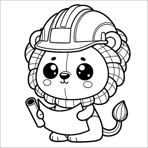 A cute lion is wearing a construction hard hat and is holding a rolled-up blueprint in its paws. The lion's eyes are large and expressive, giving it an adorable appearance. Its mane is neatly drawn with several segments, adding to its charming look. The lion appears to be sitting down with a small tuft on its tail visible.