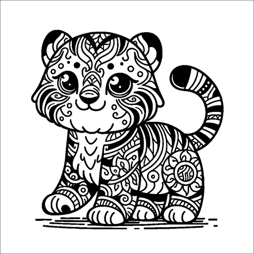 A cute tiger cub is illustrated with intricate patterns and large, expressive eyes. It stands with a playful and friendly posture. The patterns across its body include swirls, dots, and other decorative elements, creating an artistic design. The tiger's tail is prominently curled and its face has a cheerful expression.