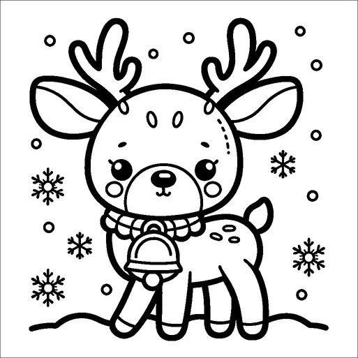 A cute reindeer stands amidst falling snowflakes, wearing a scarf with a bell. Its antlers are prominently displayed, and it has a gentle and endearing expression. The scene suggests a festive, wintery atmosphere. Snow surrounds the reindeer, enhancing the chilly, joyful setting.