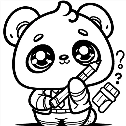 A cute cartoon bear with large, shiny eyes is holding a pencil in one hand and a question mark hovers beside it. The bear is wearing a suit, conveying a sense of curiosity or contemplation. Its expression suggests it might be pondering over something important or trying to solve a puzzle. The character’s playful and thoughtful demeanor is highlighted by the oversized pencil.