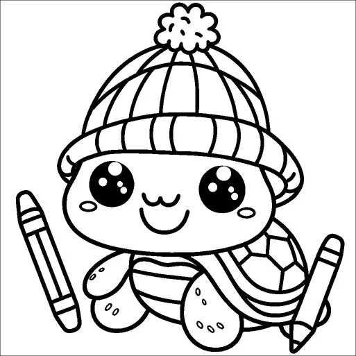 A cute turtle with big eyes is wearing a cozy winter hat with a pom-pom on top. It smiles sweetly and is flanked by two large crayons on either side. The turtle's shell has a patterned design, and its cheeks have a slight blush. The scene is playful and endearing.