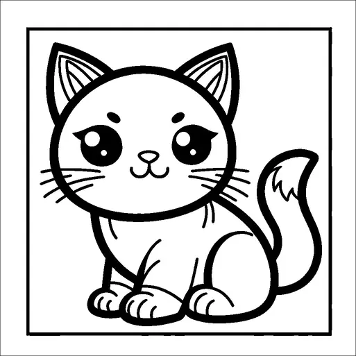 A cute cartoon cat with large, bright eyes is sitting in the center of the image. The cat has prominent ears with inner detailing and a fluffy, curved tail. Its whiskers are prominent, and it has a small, simple nose and mouth that give it a cheerful expression. The cat is enclosed within a square border.