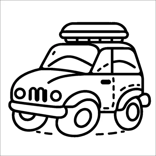 A cartoon-style SUV car with a roof box is depicted. The car has noticeable details such as round headlights and simplified windows. It appears to be in a dynamic pose, suggesting movement. The design captures the essence of a family or adventure car.