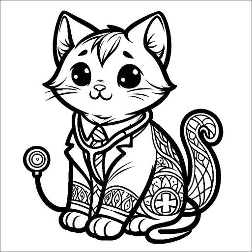 A cute cat is dressed as a doctor, wearing a coat and tie. The cat has large, expressive eyes and a friendly expression. It is surrounded by a stethoscope, suggesting its role in the medical field. The design includes intricate patterns on the coat and tail, adding an imaginative touch.