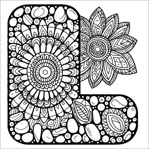 A decorative design element showcases an intricate floral mandala pattern with detailed and symmetrical petals. The arrangement is surrounded by pebbles and shells, adding texture and variety to the composition. The embellishments include a mix of geometric shapes, creating a visually captivating design. The overall appearance is harmonious and detailed, blending natural and abstract elements seamlessly.