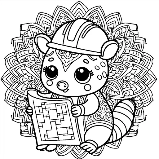 A cute raccoon wearing a hard hat is holding a blueprint, suggesting an architect or construction theme. The background consists of an intricate mandala pattern, adding a decorative element to the scene. The raccoon's big eyes and friendly expression make it appear playful and charming. The blueprint in its hands is detailed with geometric shapes.