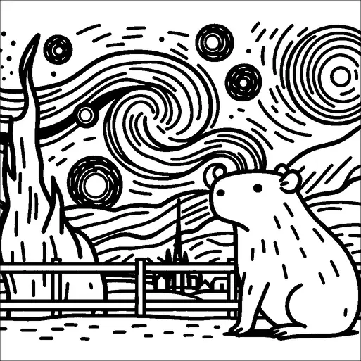 A large capybara sits peacefully in the foreground, bordered by a wooden fence. The background is composed of swirling patterns and circular shapes reminiscent of a starry night sky. A small townscape with a prominent spire appears in the distance. The scene combines natural elements with artistic abstraction.