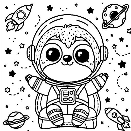 A cute sloth is dressed as an astronaut, sitting with arms outstretched. The sloth is surrounded by stars, planets, and rockets, creating a playful space scene. Its large eyes and gentle smile add to its adorable appearance. The background features various celestial elements enhancing the cosmic theme.