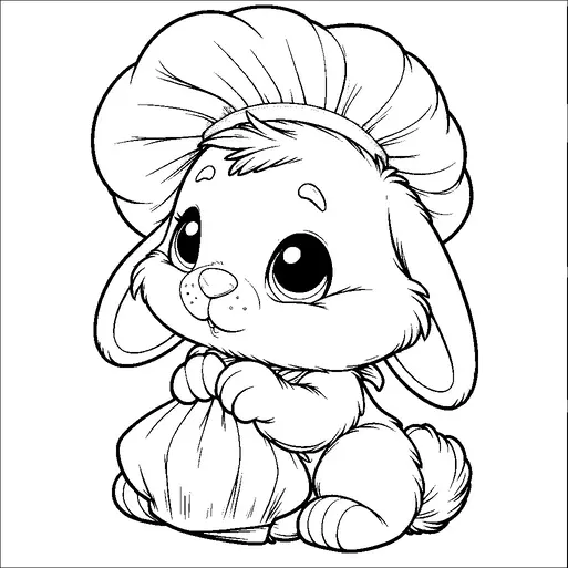 A cute bunny with large eyes is sitting down and holding a sack. The bunny is wearing a large, floppy hat on its head. It appears to be smiling gently, adding to its adorable appearance. The bunny's ears are long, and its fur looks soft and fluffy.