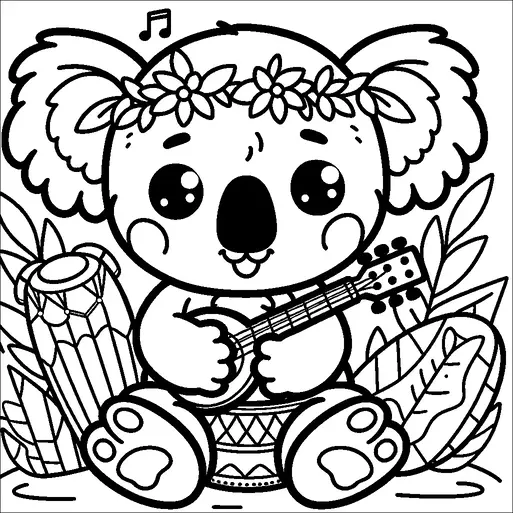 A cute koala is sitting with a small musical instrument, likely a ukulele, surrounded by jungle foliage. It wears a floral crown and is smiling joyfully, with musical notes above its head indicating that it's playing music. To its side, there is a drum, suggesting a vibrant, musical atmosphere. The background includes large leaves, enhancing the tropical setting.