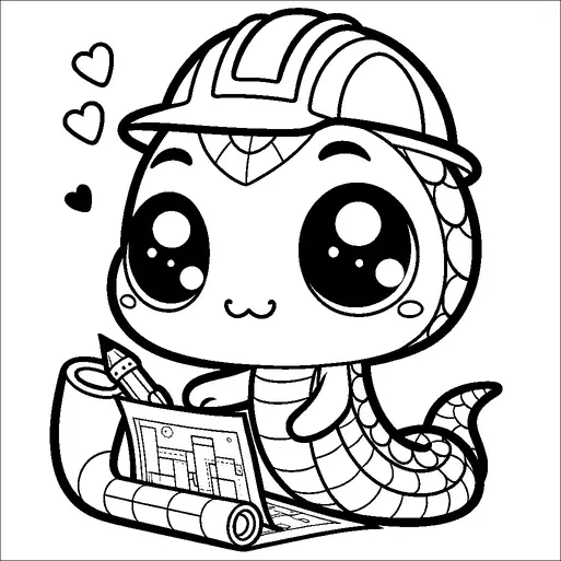 A cute snake wearing a construction helmet is seen holding a pencil and a blueprint, indicating it's playfully participating in drafting or building activities. The snake has large, adorable eyes and appears happy and engaged. Three small hearts float around its head, adding to the charming and affectionate vibe. The scene suggests a mix of creativity and construction, portrayed in a fun and imaginative way.