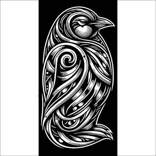 A stylized depiction of a penguin shows intricate patterns and swirling designs forming its body and feathers. The black and white contrast highlights the detailed textures and curves throughout the image. The penguin stands upright, displaying a serene and composed expression. The background is stark black, enhancing the vivid details of the artistic representation.