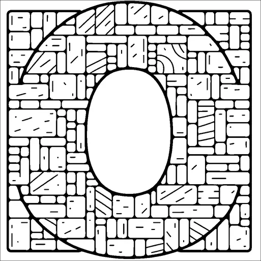 A mosaic-style pattern forms the letter "O" with various geometric shapes and patterns inside it, including rectangles and lines. Surrounding the "O" are more sections featuring different geometric designs, giving it a checkerboard appearance. The overall design is symmetrical and contained within a square boundary.