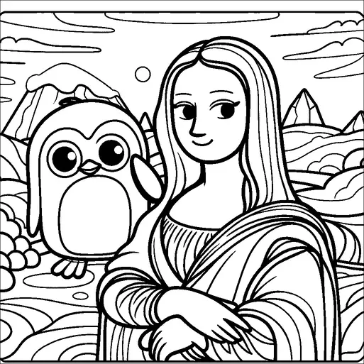 A character reminiscent of the Mona Lisa stands with a serene expression, with elongated hair and a calm posture. Beside her, there is a large, cartoonish penguin with big eyes and a cheerful demeanor, waving. The background features abstract, rolling landscapes with hills and stylized clouds. Overall, the scene blends elements of classic art with playful, whimsical touches.