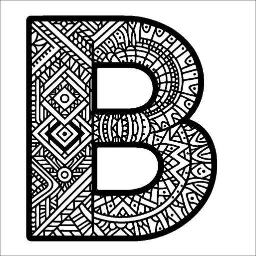 A large, ornamental letter "B" is filled with intricate geometric patterns and designs. The patterns include various shapes like circles, triangles, and diamonds, creating a detailed and decorative look. The bold outline of the letter contrasts with the delicate internal designs, giving it a striking appearance.