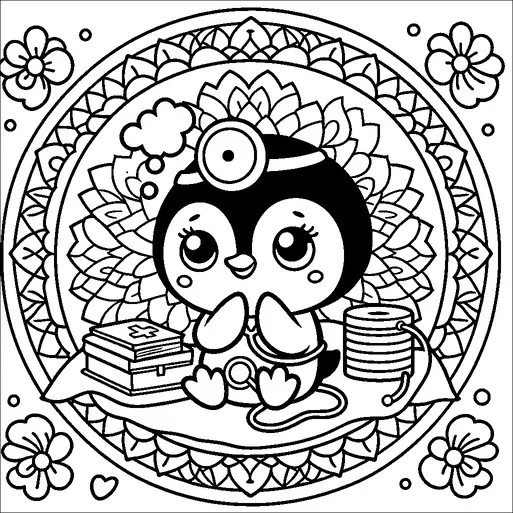 A cute penguin is portrayed dressed as a doctor, complete with a stethoscope and a head mirror. The penguin sits on a mat surrounded by various medical supplies, including a first aid kit and a spool of bandages. Floral and mandala-like patterns embellish the circular background, adding an ornamental touch. Small hearts and flowers are scattered around, contributing to the playful and friendly theme.