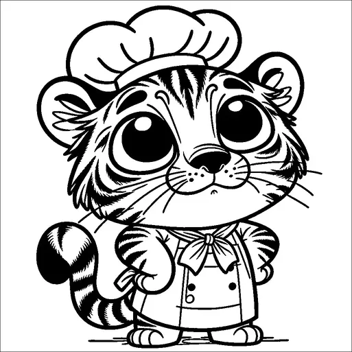 A cute tiger is wearing a chef's hat and a double-breasted chef's coat with a bow tie. The tiger has large expressive eyes and is standing with a slight smile. Its fur is detailed with stripes, and it has a fluffy tail curled slightly. The overall demeanor is playful and friendly, making it look like a charming character in a culinary setting.