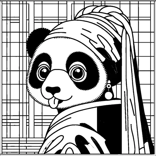 A panda is styled similarly to the famous "Girl with a Pearl Earring" painting. It wears a headscarf and an earring, with a playful expression sticking its tongue out. The background features geometric grid patterns. The image combines classic art elements with a humorous twist.