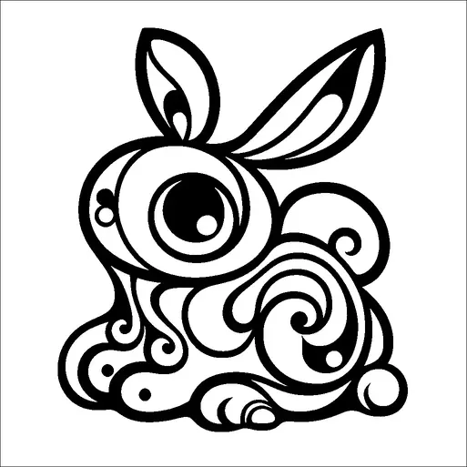 A stylized rabbit is portrayed with large, expressive eyes and swirling patterns that create a whimsical appearance. The ears are prominently upright, and the overall design gives a sense of movement with its curving lines. The patterns within the rabbit are composed of intricate swirls and circles, adding to its ornate look. The image combines charm with a playful and artistic approach.