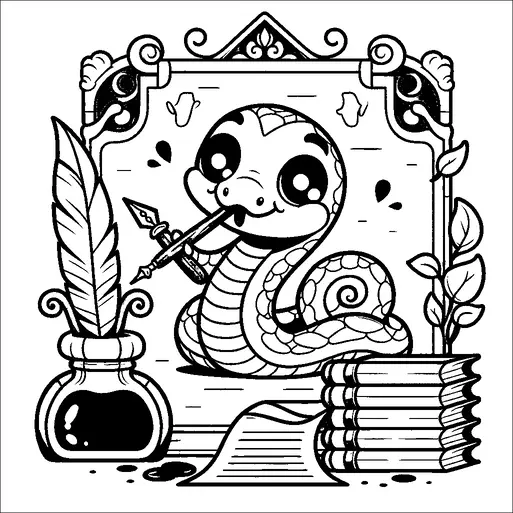 A cheerful snake is holding a fountain pen in a whimsical setting. There is an ink bottle, parchment, and stacks of books nearby. The scene is framed with ornate patterns and leaves. The snake has a cute expression, adding a playful element to the study theme.