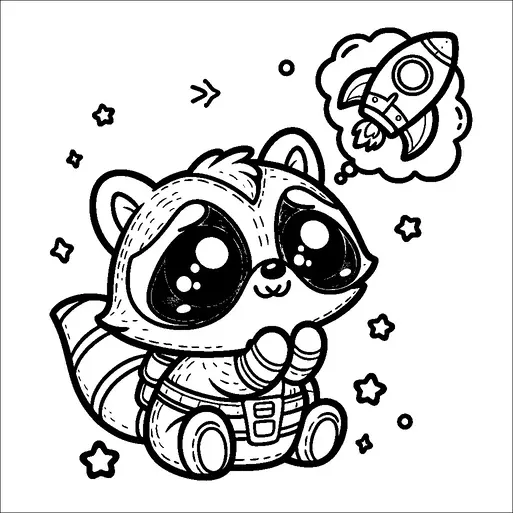 A cute raccoon sits with big, hopeful eyes, dreaming about a rocket ship flying in space. Surrounding the raccoon are small stars and bubbles, adding a whimsical space theme. The raccoon appears to be wearing a little space suit, enhancing its imaginative journey. The overall scene conveys a sense of wonder and aspiration.