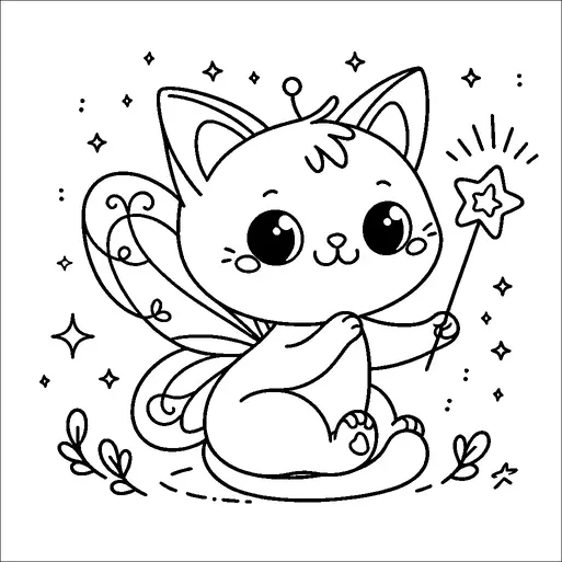 A cute cartoon cat with fairy wings is holding a magic wand that has a star at the end. The cat has large, expressive eyes and a small tuft of hair on its head. Sparkles and stars surround the cat, adding a touch of magic to the scene. There are small plants and leaves around the cat, giving it a whimsical setting.