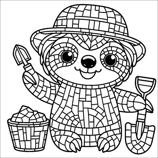 A cute sloth is smiling while holding a small shovel in one hand and a larger spade in the other. The sloth is wearing a hat and seated next to a bucket. The design consists of various patterns filling the sloth's body and accessories. The expressions suggest a playful and cheerful mood.