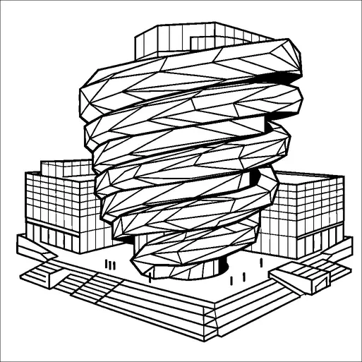 A futuristic building with a spiral, angular design dominates the foreground, surrounded by structured geometric forms. The structure seems to incorporate multiple twisting layers that give it a dynamic appearance. Steps lead up to the entrance, and smaller rectangular buildings flank the main structure. The setting appears to be an urban architectural environment, likely intended as a hub for business or art.