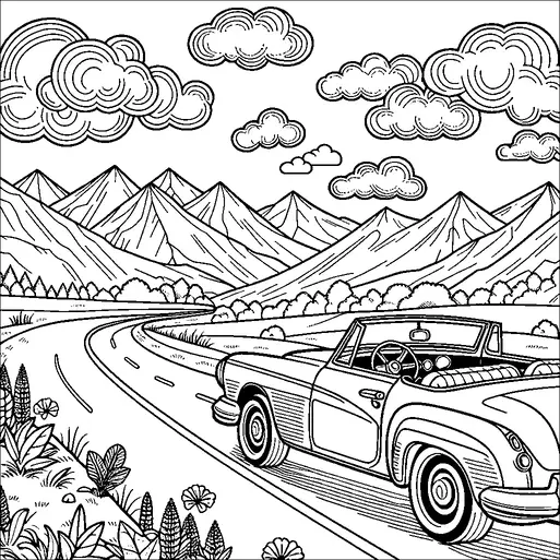 A classic convertible car travels along a winding road with mountains in the background. The sky is filled with various fluffy clouds and a rainbow arcs above the scene. Trees and bushes line the road, while wildflowers grow in the foreground. The setting implies a peaceful, scenic drive through a mountainous landscape.