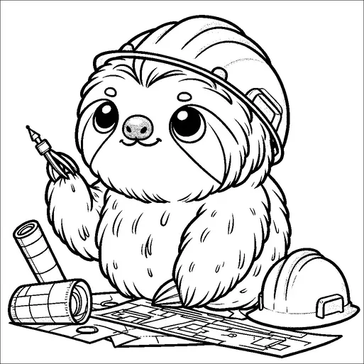 A cute sloth wearing a construction helmet is holding a pencil and standing beside architectural blueprints. The sloth is gazing forward with a friendly expression, as if it's ready to draw or design something. Additional construction hats and rolled-up blueprints are scattered around it. The scene conveys a playful take on construction and design.