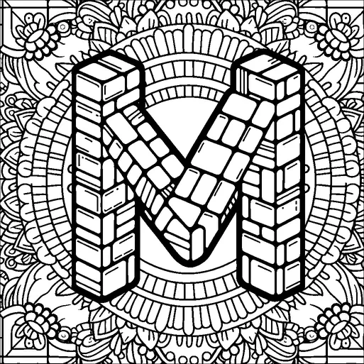 A three-dimensional letter "M" constructed of brick-like patterns stands prominently in the center. Surrounding the letter is an intricate mandala composed of floral and geometric elements. The mandala features detailed petals, spirals, and circular patterns, adding complexity to the design. This intricate background complements the boldness of the letter M, creating a harmonious and elaborate composition.