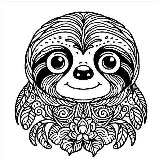 A stylized sloth with large, expressive eyes is surrounded by intricate patterns featuring leaves and swirls. The sloth's face is central, smiling, with detailed markings enhancing its fur texture. Below the sloth, a lotus flower is incorporated into the design. The overall image gives an impression of peacefulness and harmony with nature.