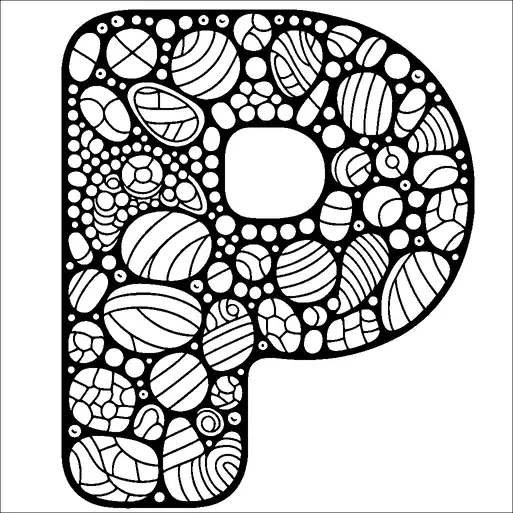 A large letter "P" is filled with an intricate pattern of various circles and ovals. Each shape contains geometric designs like stripes and lines, creating a mosaic-like appearance. The overall design is detailed, with a focus on symmetry and repetition. The black and white contrast highlights the complexity of the patterns within the letter.