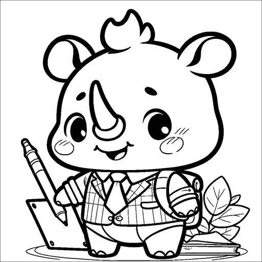 A cute cartoon rhinoceros is wearing a striped suit, complete with a tie, and carrying a backpack. It stands cheerfully next to a large pencil with some leaves and books behind it, creating a playful academic theme. The rhino's expression is happy and endearing, with blushing cheeks and big eyes. This image combines elements of education and fun, making it appealing for children.