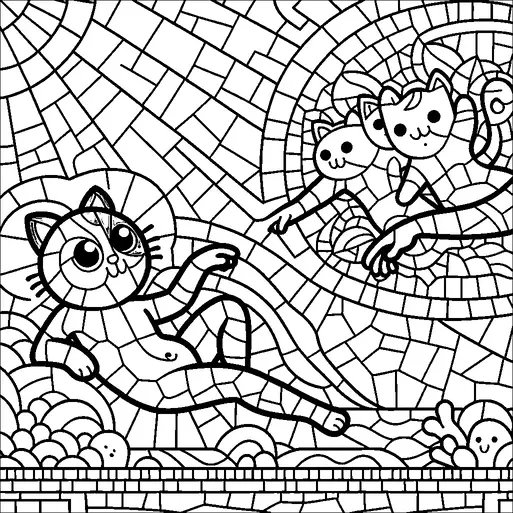 A playful interpretation of Michelangelo's "Creation of Adam" features cats in place of the original human figures. One cat lounges on a cloud with a curious expression, reaching out its paw toward a group of smaller cats. The scene is framed by a mosaic-like pattern, giving it a whimsical and vibrant aesthetic. The background includes a stylized sun and swirling lines.