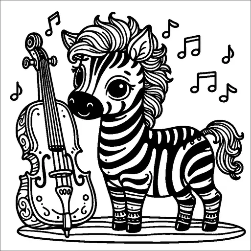 A zebra stands next to a cello with musical notes floating around, suggesting a musical theme. The zebra has a playful expression and intricate stripes. The cello beside it is elaborately designed. This whimsical scene exudes a sense of joy and creativity.