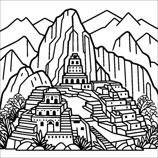 Machu Picchu is illustrated with its iconic terraced structures and ancient ruins nestled among the Andes Mountains. The stepped architecture and stone buildings are surrounded by lush vegetation. Towering mountains create a dramatic backdrop, highlighting the historic site's elevation. This picturesque ancient city is depicted with a focus on its distinctive architectural style and natural setting.