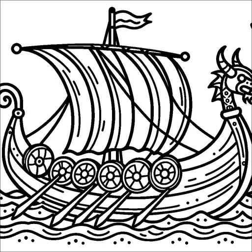 A Viking longship sails on the sea with a distinct dragon figurehead at its prow. The ship is equipped with a striped sail and several oars extend from its sides. The vessel showcases detailed designs, including round shields positioned along its sides. Waves are illustrated beneath the ship, suggesting motion through water.