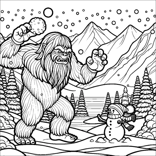 A yeti holding a large snowball stands in a snowy landscape with mountains in the background. The yeti appears to be playfully interacting with a snowman, while snow gently falls around them. Evergreen trees are scattered throughout the scene, adding to the wintery atmosphere. The mountains provide a majestic backdrop to this whimsical encounter.