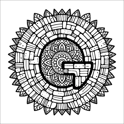 A detailed and intricate mandala design incorporates geometric patterns and floral motifs. The arrangement is circular, with layers of repeating shapes creating a sense of balance and symmetry. Each section of the mandala is filled with different abstract designs like bricks and petals. The central focus includes a flower-like pattern surrounded by angular shapes.